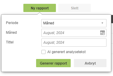 Dialogboks Ny rapport: Periode Måned, August 2024, Tittel, AI-analysetekst, Genererer rapport-knapp
