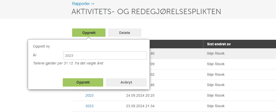 Opprett ny aktivitets- og redegjørelsesplikt-oppgave: År 2023, Opprett/Avbryt-knapper