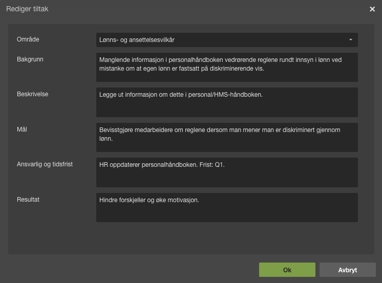 Dialogboks Rediger tiltak med felt for område, bakgrunn, beskrivelse, mål, ansvarlig og resultat