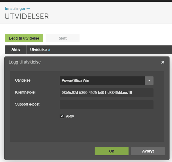 Dialogboks «Legg til utvidelse» med PowerOffice Win, klientnøkkel og Aktiv-avkryssingsboks