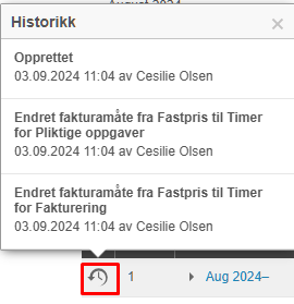 Historikk-dialog: tre poster fra 03.09.2024 av Cecilie Olsen om fakturamate-endringer