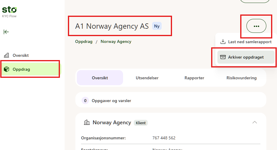 KYC Flow: A1 Norway Agency AS (org.nr 767 448 562) med Oppdrag-meny åpen og Oversikt-fanen aktiv