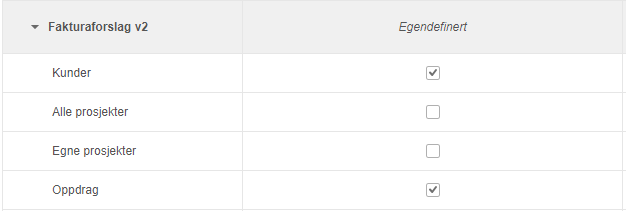 Fakturaforslag v2 innstillinger: Kunde ✓, Alle prosjekter ☐, Egne prosjekter ☐, Oppdrag ✓