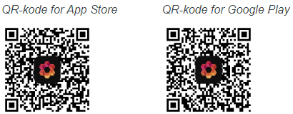 QR-koder for nedlasting: App Store (venstre) og Google Play (høyre)