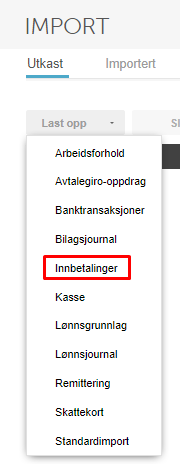 Importdialog, dropdown dokumenttyper. Inbetainger valgt. Også: Arbeidsforhold, Banktransaksjoner, Lønnjournal, Remittering, Skattekort.