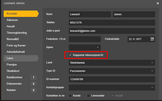 Kontakt Leonard James: Adresse, telefon 66321278, e-post leonard@games.com, fødsel 22.11.1977, Rapporter internasjonalt ID aktivert