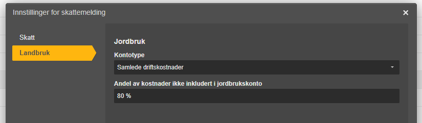 Skattemelding: Jordbruk-del med Kontotype «Samlede driftskostnader» og kostnadsandel 80 %