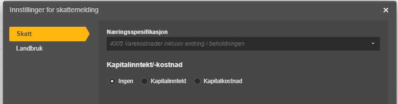 Innstillinger skattemelding: Næringsspesifikasjon 4005, Kapitalinntekt/-kostnad → Ingen valgt