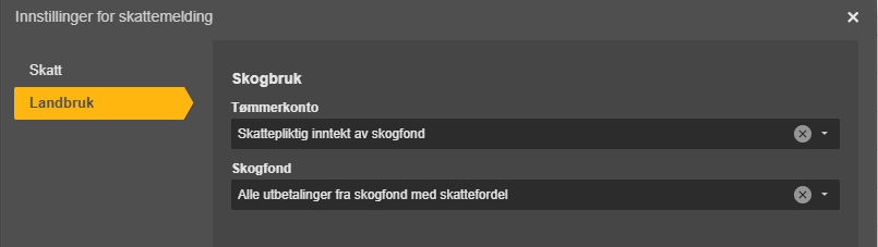 Skattemelding-innstillinger, Skogbruk-del: Temmerkonto og Skogfond-felt med tøm-knapper
