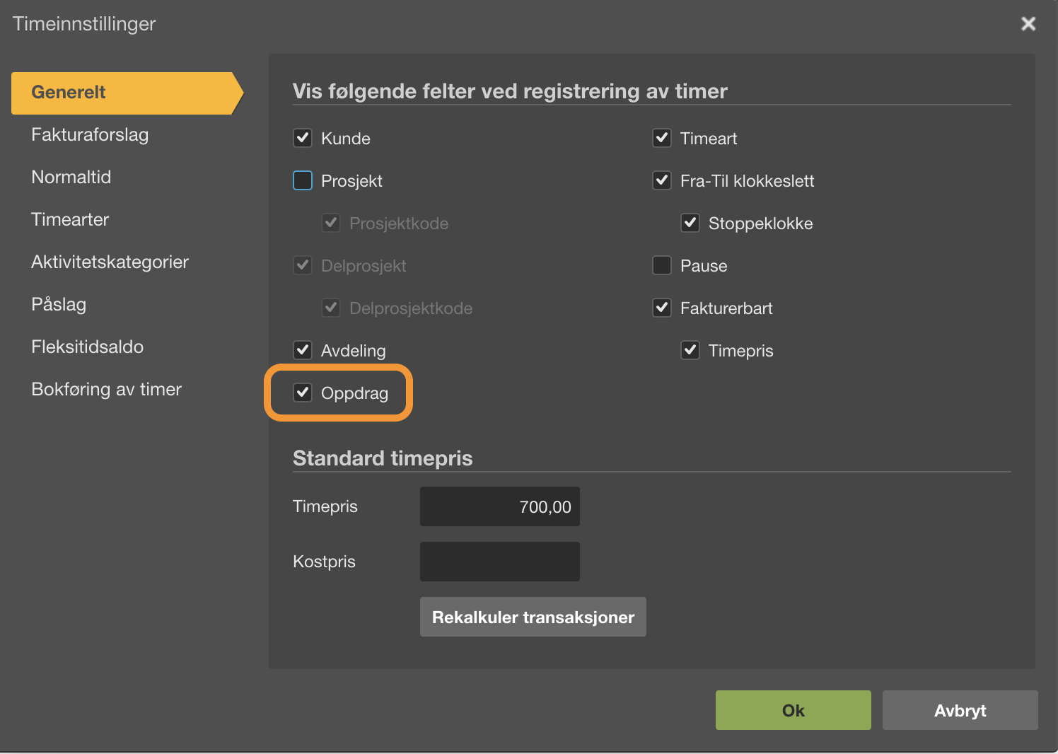 Timeinnstillinger → Generelt: Oppdrag-felt fremhevet, Standard timepris 700,00 og Ok/Avbryt-knapper