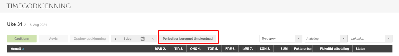 Timegodkjenning uke 31 med faner for Godkjenn/Avvis, tabellkolonner for dager MAN-SØN og SUM