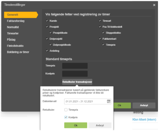 Tidsregistringer → Generelt: Kunde, Prosjekt, Delprosjekt, Sjåfør, Riskabauer-transaksjoner