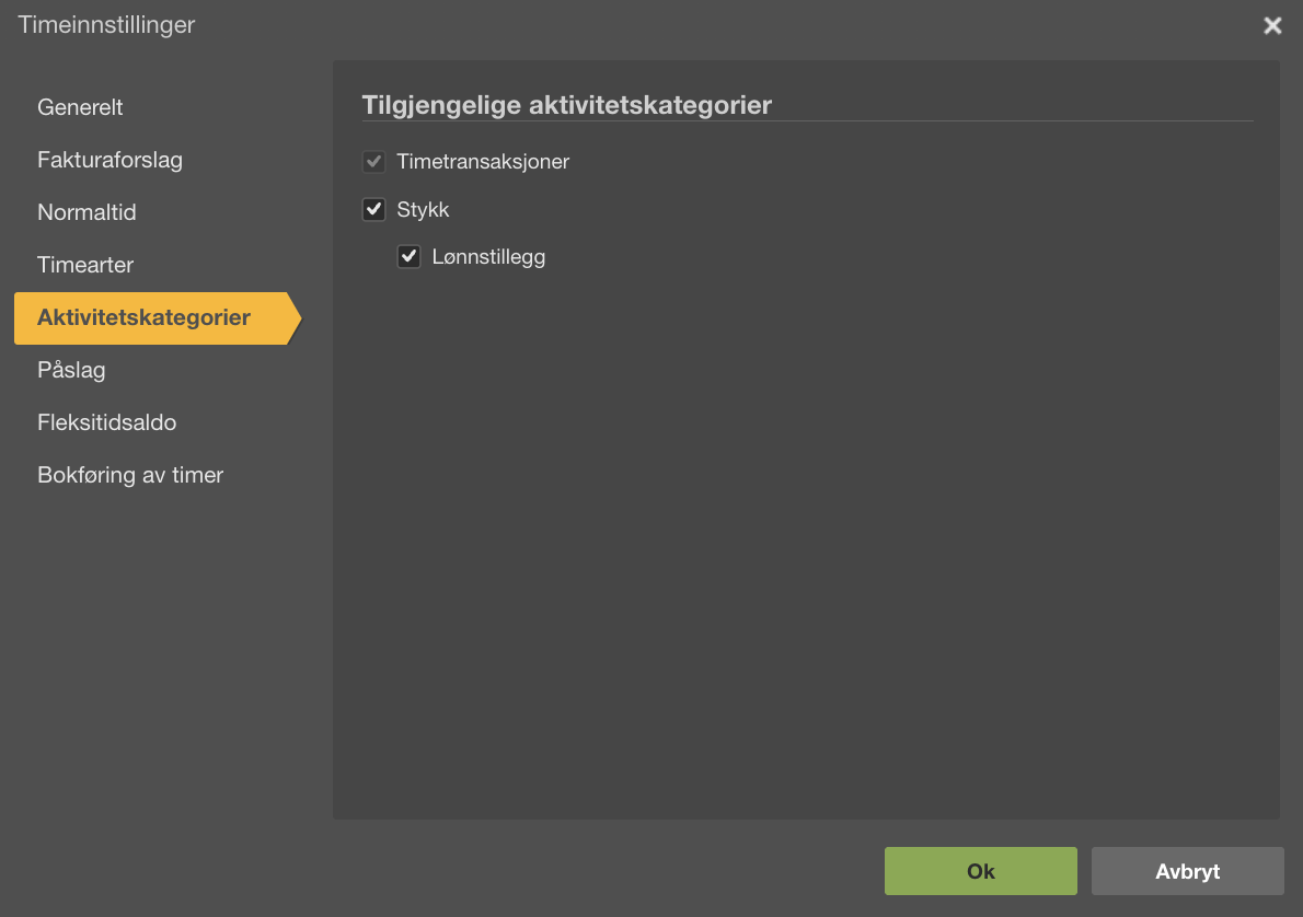 Timeinnstillinger → Aktivitetskategorier med Timetransaksjoner, Stykk og Lønnstillegg avkrysset