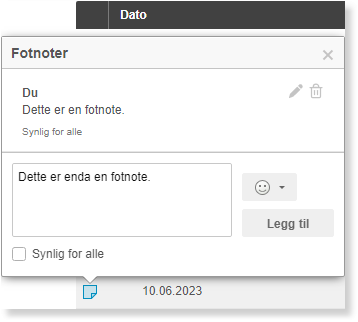 Fotnoter-dialogboks: tekstfelt for fotnotetekst, Synlig for alle-avmerkingsboks, Legg til-knapp