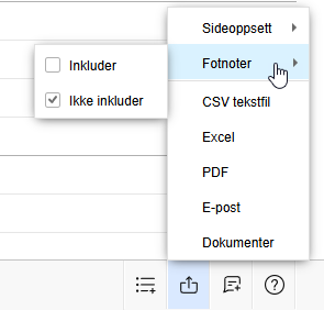 Eksportmeny med Sideoppstell-undermeny: Foldeler, CSV tekstfil, Excel, PDF, E-post, Dokumenter. Inkluder-innstillinger.