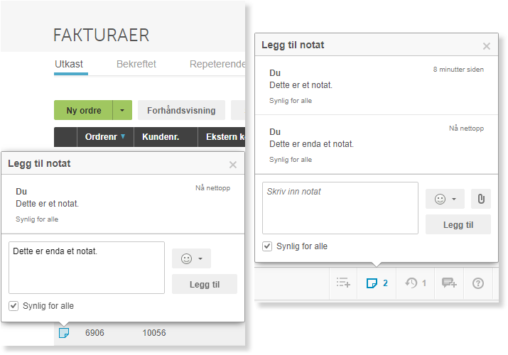 Legg til notat-dialogboks: tekstfelt, Synlig for alle-checkbox og Legg til-knapp