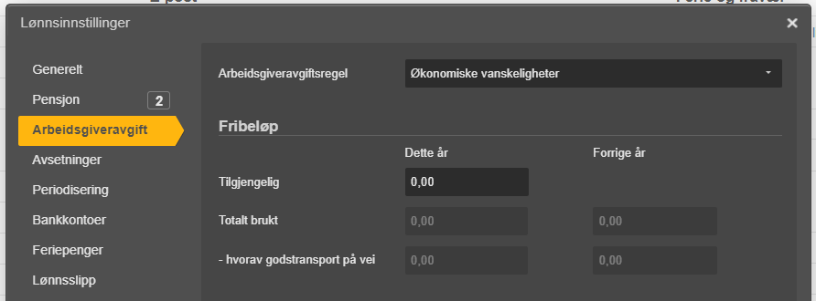 Lønnsstillinger Arbeidsgiveravgift med Fribelønp-felter: Tilgjengelig, Totalt brukt og Godstransport satt til 0,00