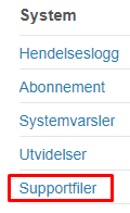 System-meny: Hendelseslogg, Abonnement, Systemvarsler, Utvidelser, Supportfiler