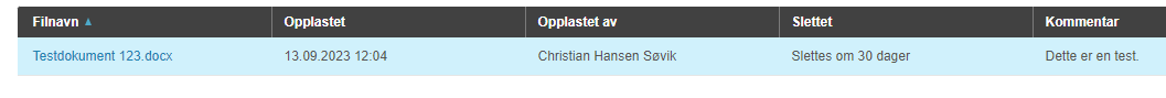 Dokumenttabell: Testdokument 123.docx opplastet 13.09.23 av Christian Hansen Søvik, slettes om 30 dager