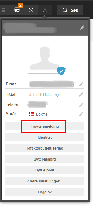 Kontaktprofil med Firma, Jobbtitel, Telefon, Språk og Fraværsmelding-knapp fremhevet i rødt