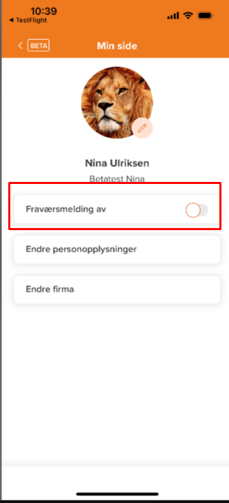 Min side-profil: Nina Ulriksen med menyalternativer for fraværsmelding, personopplysninger og firma