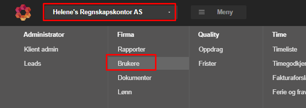 Administrasjonspanel med fire modulkategorier: Administrator, Firma (Brukere markert), Quality og Time