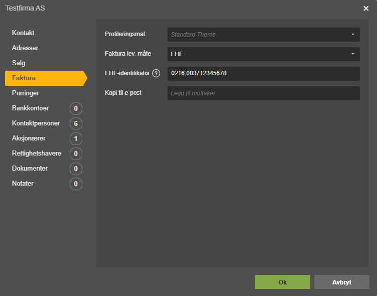 Testfirma AS fakturainnstillinger: EHF-levering, EHF-ID 0216:00371234567 8, Standard Theme