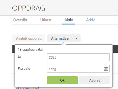 Ny oppdrag-dialog: År 2023, Fra dato «I dag» med kalender, Ok og Avbryt-knapper