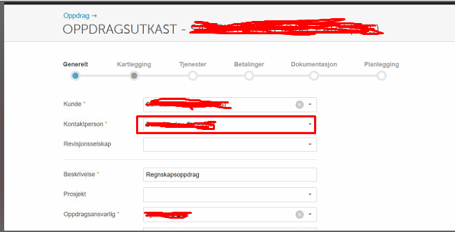 Oppdragsskjema → Generelt: Kunde, Kontaktperson (fokusert), Revisjonsselskap, Beskrivelse, Prosjekt