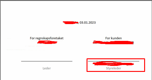 Fakturaoppsett: dato 03.01.2023, For regnskapsforetaket, For kunden, Styreleder-felt nederst