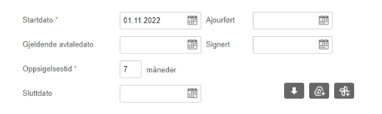 Oppgjøringsparametere: Startdato 01.11.2022, Oppsigelsestid 7 måneder, med Apurfert, Signert og Sluttdato-felter