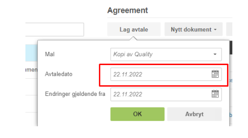 Agreement-dialogboks: Mål-felt, Avtaledato 22.11.2022 (rødt markert), OK og Avbryt