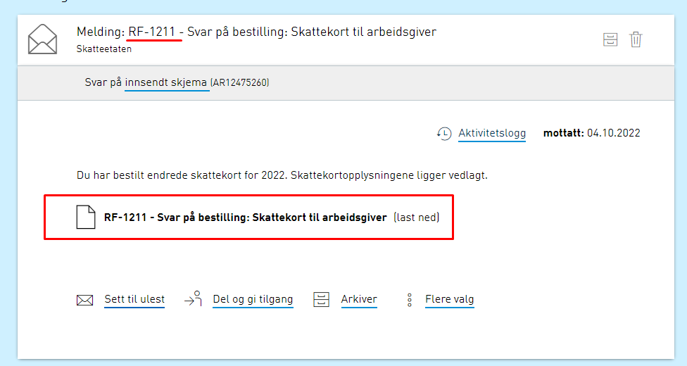 RF-1211 skattekortsmelding fra Skatteetaten med arkiver-, del-, og «sist nedlastet»-status