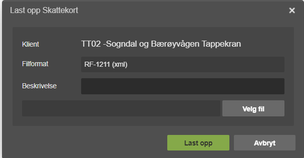 Dialogboks Last opp Skattekort med Klient, Filformat RF-1211 xml og knappene Velg fil, Last opp, Avbryt