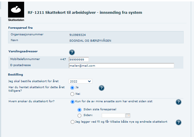 RF-1211 Skattekort-skjema: Org.nr 910989324, SOGNDAL OG BÆRØYVÅGEN, varslingsadresser, årvalg 2022