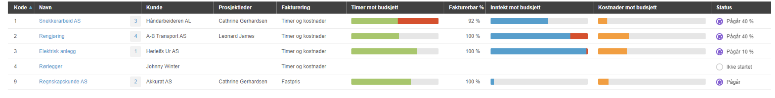 Prosjektoversikt: budsjettavvik for timer, inntekt og kostnader med fargekodede statusindikatorer