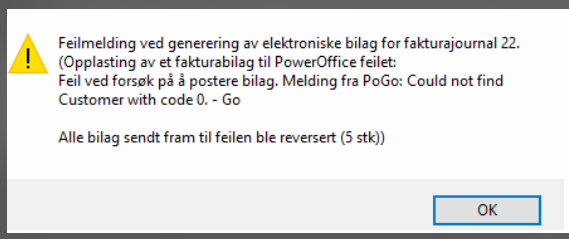 Advarsel: Feil ved sending av elektronisk bilag — alle 5 bilag reversert, kunde kode 0 ikke funnet