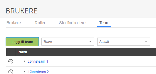 Team-fanen med Legg til team-knapp og liste over Lønsteam 1 og Lønnsteam 2