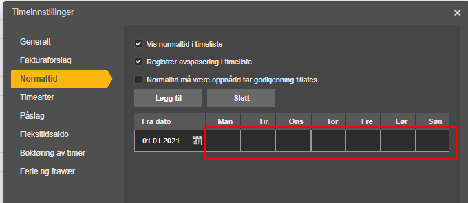 Normalid-tab: timeplan 01.01.2021 med Mandag markert rød for timetall-avvik