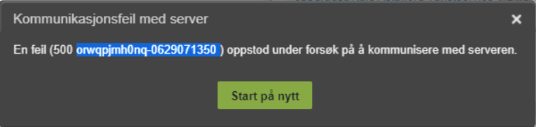 Feilmelding: Kommunikasjonsfeil med server (500 omrqgyhh0g-0629071350) – Start på nytt-knapp