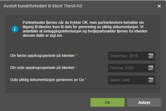 Dialogboks Avslutt kundeforhold Thevit AS med datofelt og dokumentasjonsinfo