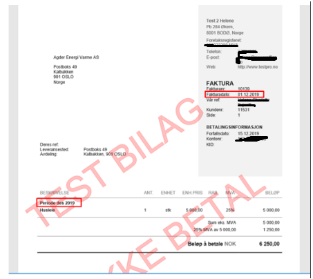Fakturaeksempel PO Go: kunde, fakturadato 12.12.2019, betalingsbetingelser, linjeposter med MVA-beregning og totalsummer