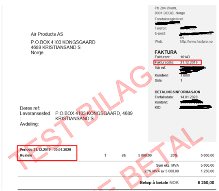 Faktura Air Products AS nr. 16143, 14.01.2020: 5 000 NOK netto + 1 000 MVA = 6 250 NOK