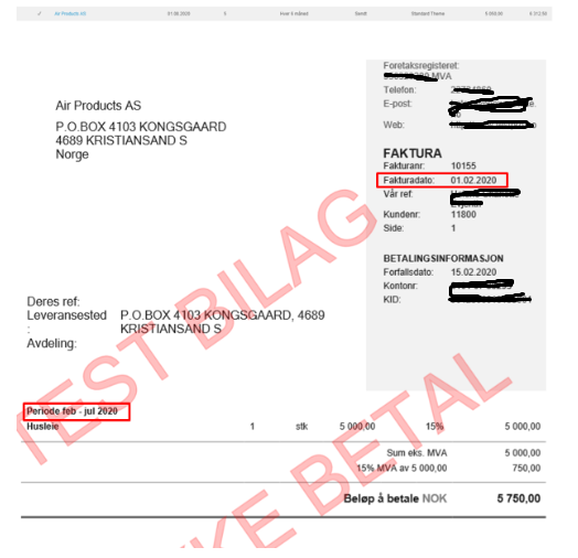 Fakturaeksempel: Air Products AS, nr. 16155, 01.02.2020, 5 000 kr + 750 kr mva = 5 750 kr