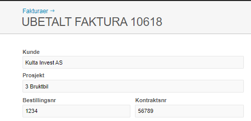 Ubetalt faktura 10618: Kulta Invest AS, prosjekt 3 BruHbil, bestillingsnr. 1234, kontraktsnr. 56789
