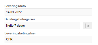 Leveringsdato 14.03.2022, betalingsbetingelser Netto 7 dager, leveringsbetingelser CFR