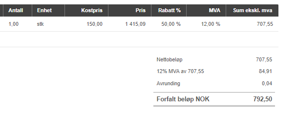 Fakturarad: 1 stk, kostpris 150, pris 1 415,09, rabatt 50%, MVA 12%. Netto 707,55 + MVA 84,91 = 792,50 NOK
