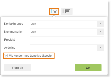 Filterdialog: «Vis kunder med åpne kreditposter» aktivert, OK-knapp klar