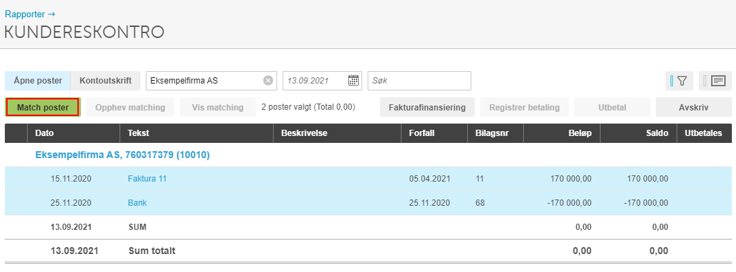 Kundereskontroskjerm: Faktura 11 (170 k) matched med bankbetaling (-170 k) → saldo 0,00