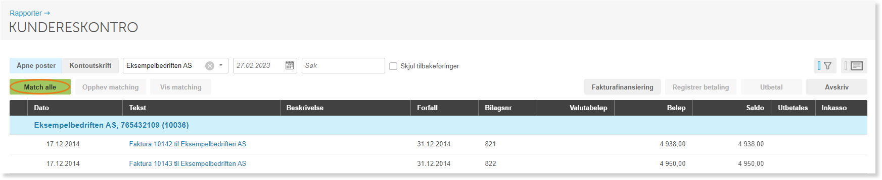 Kundereskontroskjerm: fakturaer for Eksempelbedriften AS med dato, beløp og saldo. Match alle-knapp aktiv.